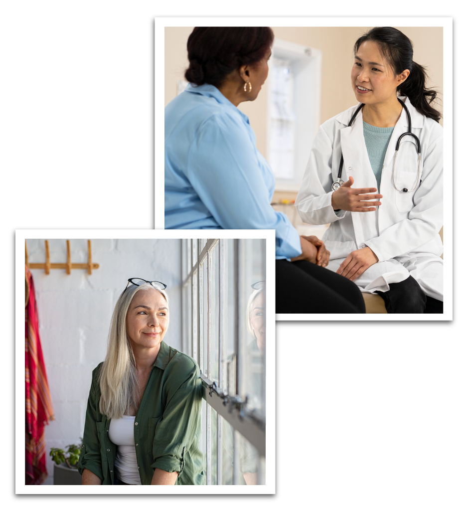 Photos showing an Asian female doctor talking with a black female patient about ovarian cancer.